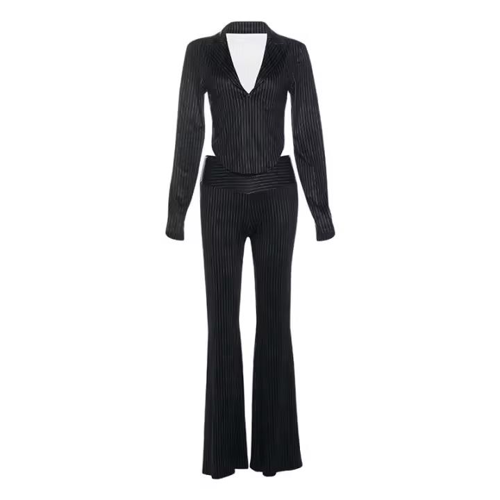 BUNO-Conjunto de 2 piezas de retazos a rayas para mujer, Tops de manga larga con escote y cuello bajo + Pantalón recto con cintura elástica, traje de tendencia urbana - 1