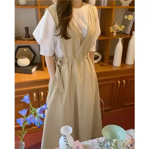 Vestido Largo de Cintura Alta y Adelgazante Moda de Primavera para Mujeres Cuello en V - 1