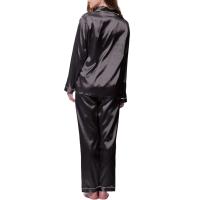 Pijama básico de satén de seda para mujer, camisa de tres piezas de dos piezas con botones y conjunto de cuello de manga larga + pantalón, pijama de otoño - details 1