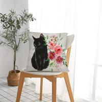 1 Funda De Cojín Cuadrada De Lino Y Algodón Con Diseño De Gato Negro Y Flores De Acuarela (18,0X18,0 pulgadas) - details 4