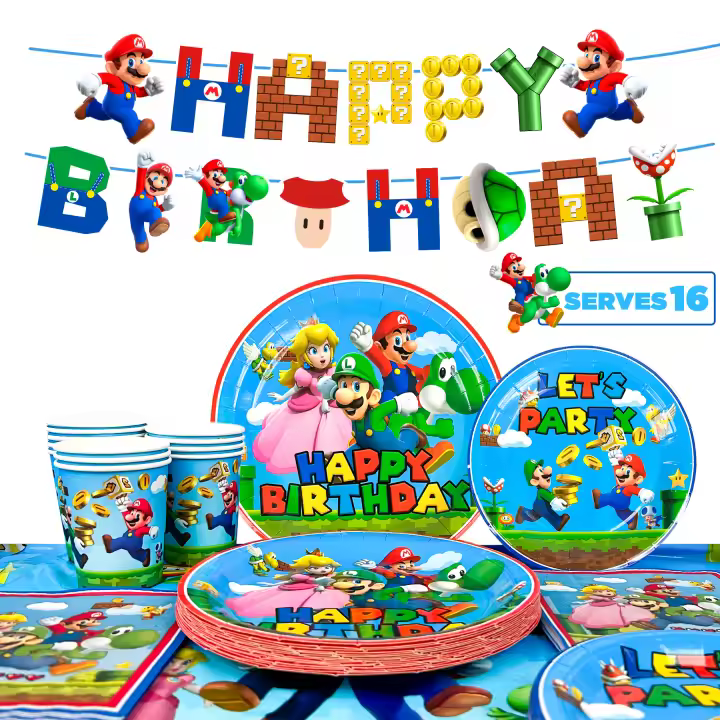 M-arioo Artículos para fiestas, juego de vajilla para fiestas de Mario, platos, vasos, servilletas, mantel y pancarta de cumpleaños de Super Mario, etc. Decoraciones de cumpleaños de Mario para fiestas de cumpleaños de niños - 1