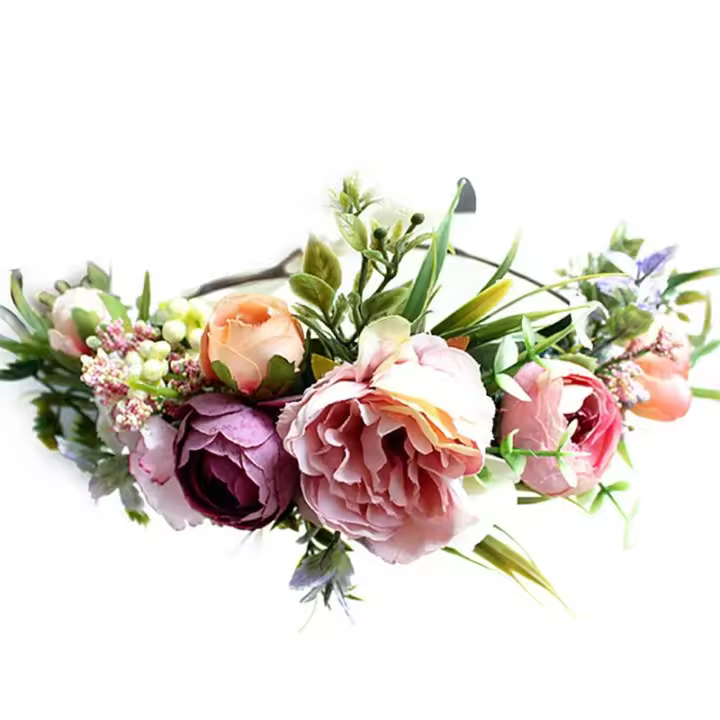 Diadema floral ajustable con corona, guirnalda de flores para el cabello - Tocado floral con cinta para mujeres y niñas - 1