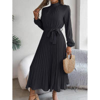 Elegante vestido corto de otoño invierno para mujer, con cuello alto, mangas plisadas y falda larga. - details 40