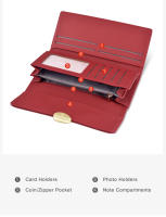 Cartera de cuero simple para mujer, billetera larga de cuero negro, verde y rojo, tarjetero para niñas - details 3