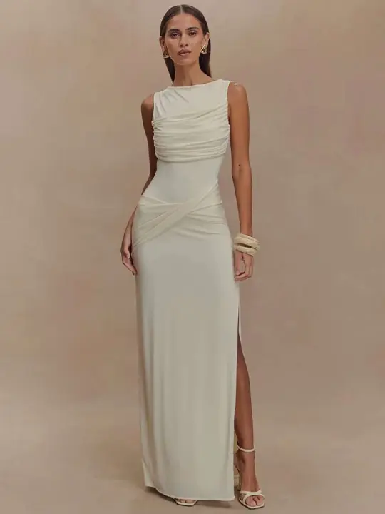 Elegante Vestido Largo de Verano Mozision sin Espalda Sexy Escote en Redondo, Alto hasta la Coxa, Estilo Bodycon - 1