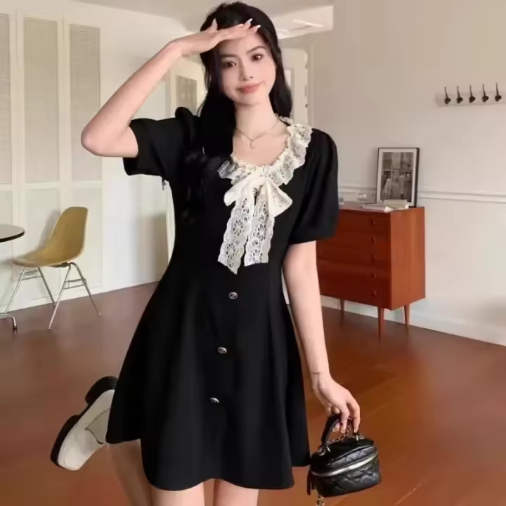 Vestido Vintage de Talla Grande con Cuello Redondo y Lazo Vestido Adelgazante de Estilo Veraniego para Ocultar la Forma del Cuerpo con Diseño Elegante - 1