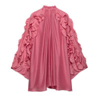 OUWU- Camiseta de vacaciones de manga larga de longitud media con volantes rosas, camisa grande con protección solar en capas transparente - details 2