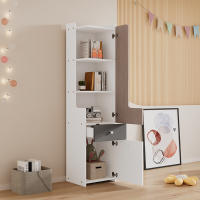 Librería alta, estantería juvenil con puerta en forma de L, con cajón, armarios, puertas batientes, con pomos cuadrados de metal, MDF, blanco + olmo claro + gris - details 0