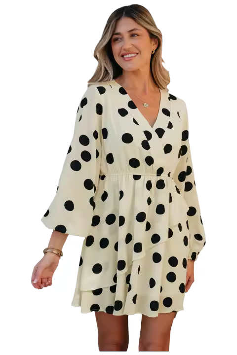 Elrachen Mini vestido de lunares con escote en V y manga abullonada para mujer, beige, tallas S-XL - 1