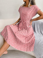 Spring Summer Women Short Sleeve Pleated Long Dress Elegant High Waist Floral Fashion A-line Dress - details 23