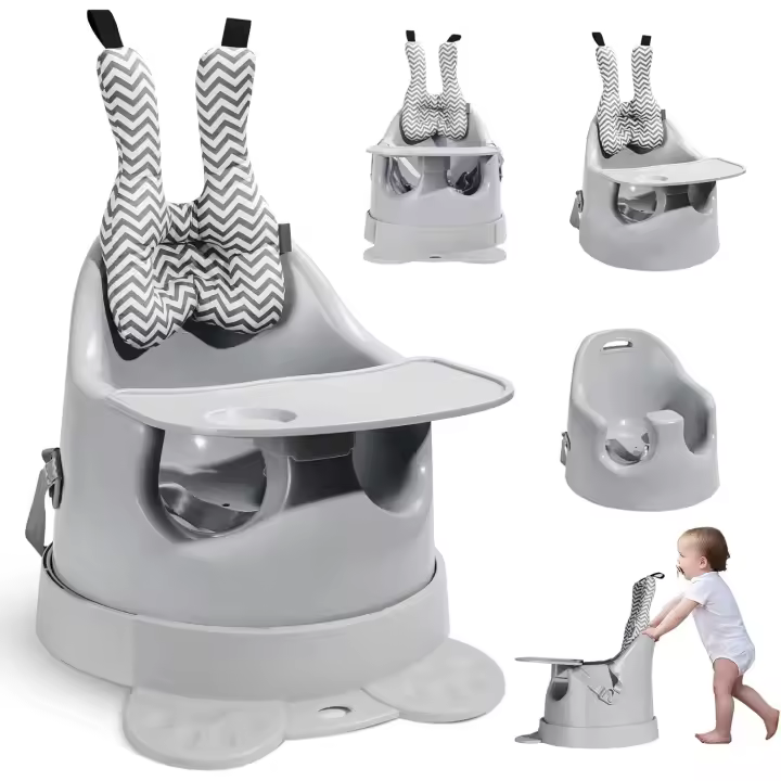 Asiento de suelo infantil 4 en 1, soporte para bebé a partir de los 6 meses, asiento de piso con bandeja/base adicional con ruedas/reposacabezas/cinturón de seguridad/cuerda para tirar, color - 1