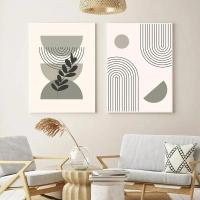 Pintura Nórdica de Lámina de Arte de Pared Bohemio Verde con Hojas de Plantas y Líneas Geométricas en Canvas para Decoración del Hogar - details 3
