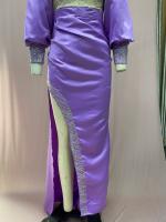 Vestido de mujer con manga de princesa, largo envuelto en el trasero, con cola y vestido de noche con dijes de salpicaduras doradas - details 13