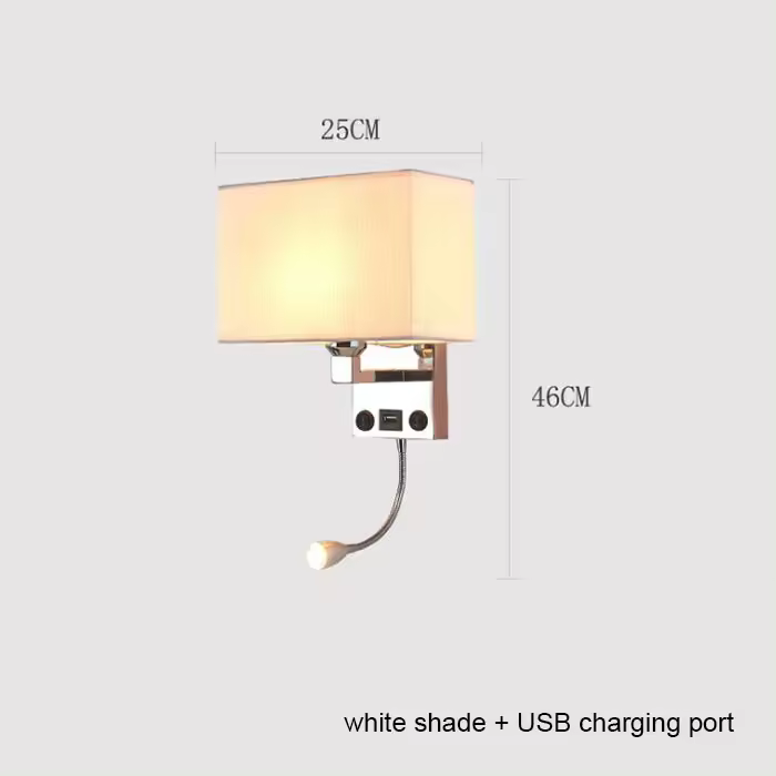 Luz de pared de sombra de tela rectangular con puerto de carga USB, 2 interruptores, iluminación de pared LED E27 con lámpara de lectura ajustable - 1