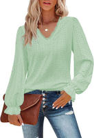 Camiseta con cuello en V para mujer Camisa superior de manga plisada informal hueca de otoño - details 7