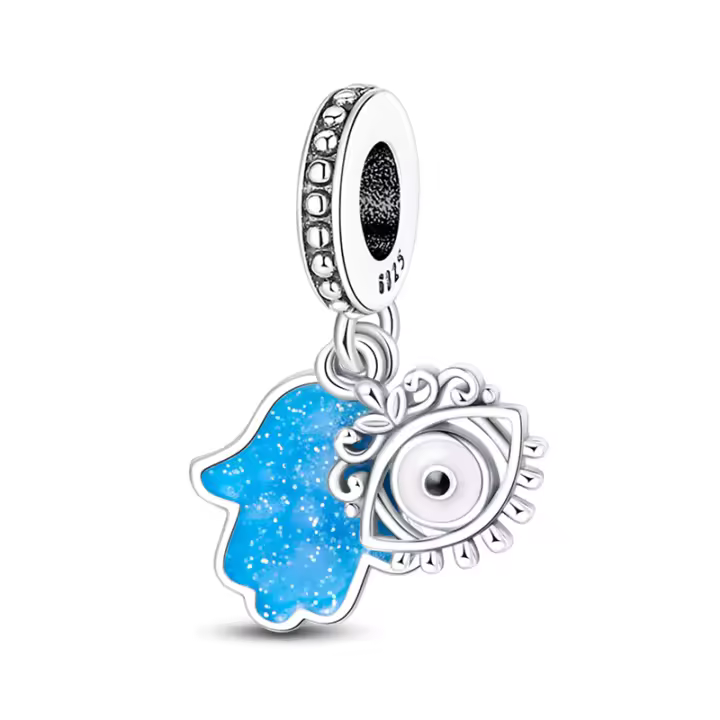 Conjunto de dijes para pulsera de dos piezas con ojo mágico brillante, fabricado en plata con piedra principal de circonia. - 1