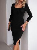 Vestido de punto acanalado para mujer, suéter ajustado con aberturas, elegante, de manga larga, otoño e invierno, 2023 - details 2