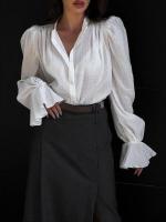Camisas con mangas abullonadas para mujer, Top holgado de Color sólido, blusas elegantes con cuello levantado para primavera y otoño - details 1