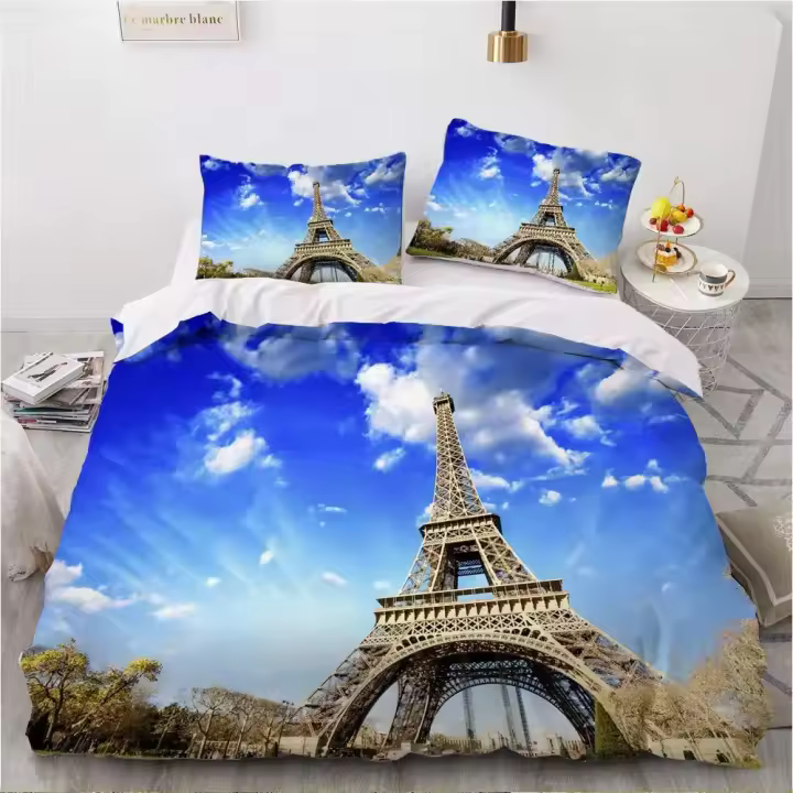 Funda de edredón Juego de funda nórdica de la Torre Eiffel Juego de cama doble con paisaje urbano de París tamaño King Funda de edredón de poliéster de estilo francés moderno para niños y niñas - 1