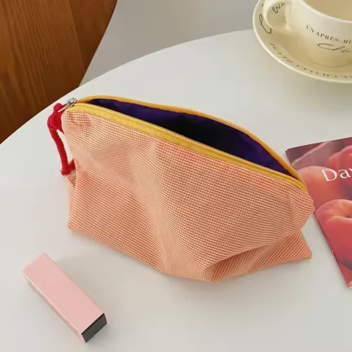 Bolsa de maquillaje generosa portátil, cremallera, tela de algodón, tela de lino - 1