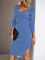 Vestido de punto acanalado para mujer, suéter ajustado con aberturas, elegante, de manga larga, otoño e invierno, 2023 - details 13