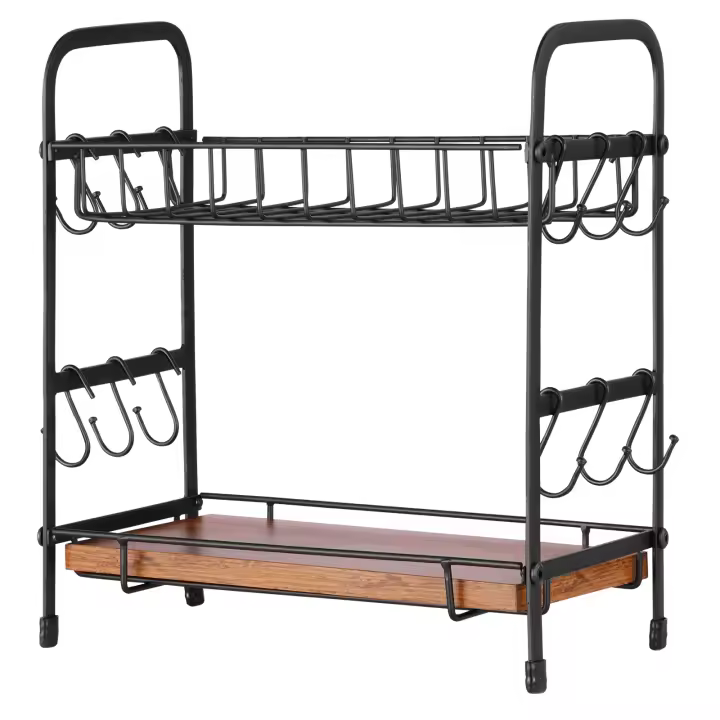 SucceBuy Organizador de barra de café de 2 niveles para encimera, soporte multifuncional para tazas y estación de café, 12 ganchos móviles y 2 estantes - 1