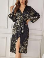 Conjunto de traje casual floral de satén de seda, bata con cinturilla, pijama, conjunto de ropa de dormir de dos piezas para todas las estaciones - details 12