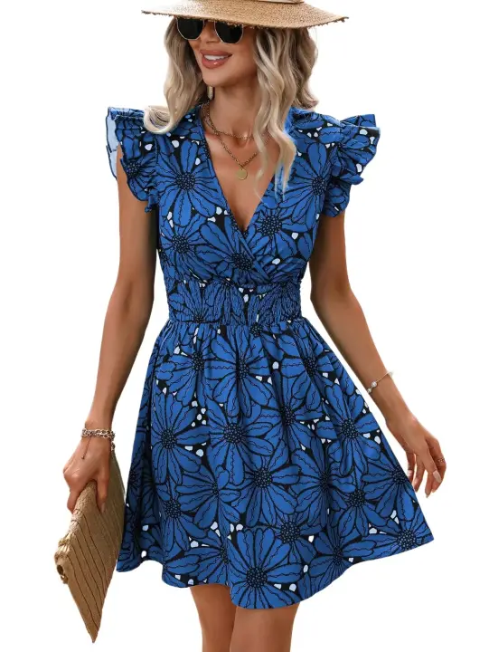 Vestido corto informal con estampado Floral para mujer, minivestido de calle con manga con volantes, color azul S - 1