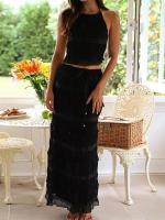 Conjunto a juego de faldas plisadas con chaleco y cuello redondo liso, traje de retazos sin mangas para primavera y verano para mujer, trajes de mujer con cintura elástica 2025 - details 11