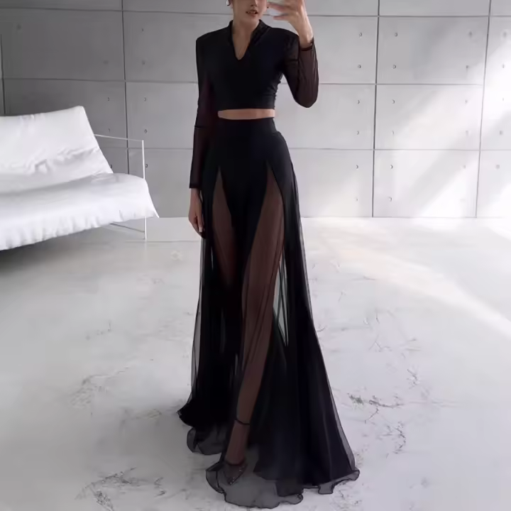 Conjunto de dos piezas de vestido de manga larga con empalme de gasa elástica, estilo europeo y americano, nueva colección primavera-verano 2025, falda de vacaciones INS. - 1
