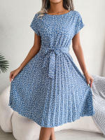 Spring Summer Women Short Sleeve Pleated Long Dress Elegant High Waist Floral Fashion A-line Dress - details 2