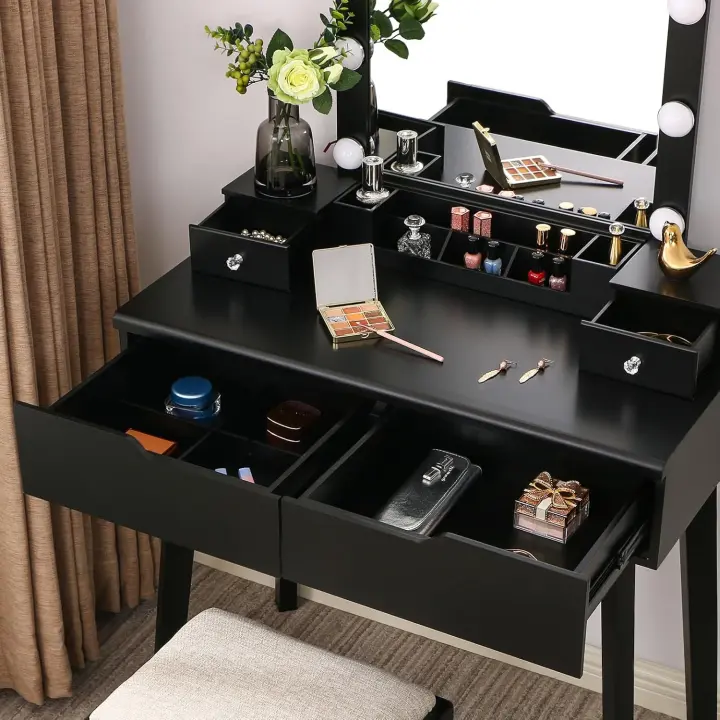 Tocador Mesa de Maquillaje con Espejo y Luces LED con Espejo Iluminado 10 Bombillas LED Mesa con 4 cajones 2 separadores para Manualidades Taburete Acolchado Organizador móvil Negro - 1