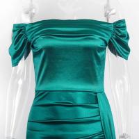 Vestido de dama de honor plisado de satén elástico, hombros descubiertos, vestido de noche formal, apertura frontal, hasta el suelo - details 3