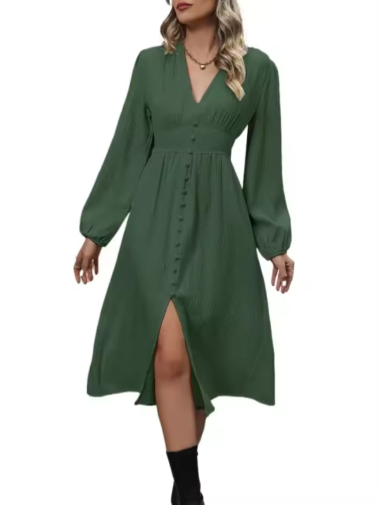 Vestido Elegante de Color Sólido para Mujer Primavera Otoño 2025 Cuello en V Manga Larga con Abertura Promoción - 1