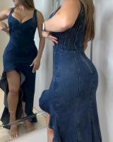 Nuevo superventas, vestido vaquero con volantes diagonales y abertura ajustada en la cintura con tirantes - details 1