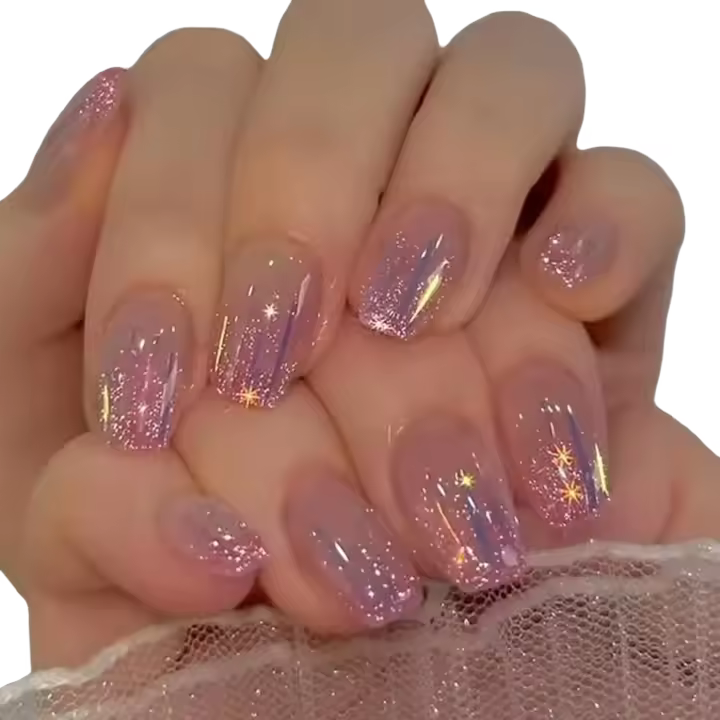 Kit de Uñas Postizas Completo de 24 Piezas Diseño de Meteorito Aurora Estampado de Rosa y Morado - 1