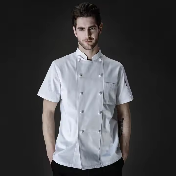 Chaqueta de chef de doble botonadura para hombre, ropa de trabajo para hotel, restaurante, panadería, uniforme de cocinero profesional, camisa blanca, verano - 1