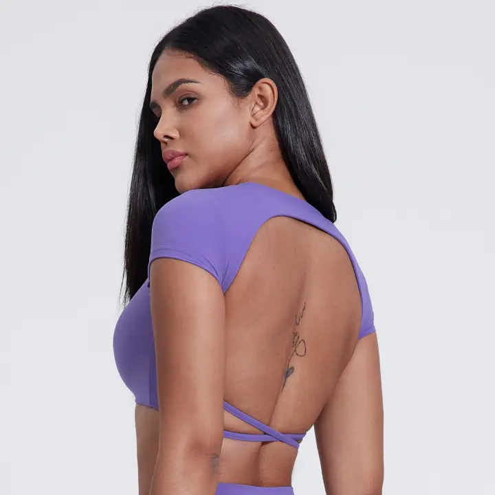Camiseta corta de entrenamiento cruzado con espalda súper suave para mujer, camiseta deportiva con espalda abierta para correr y gimnasio - 1