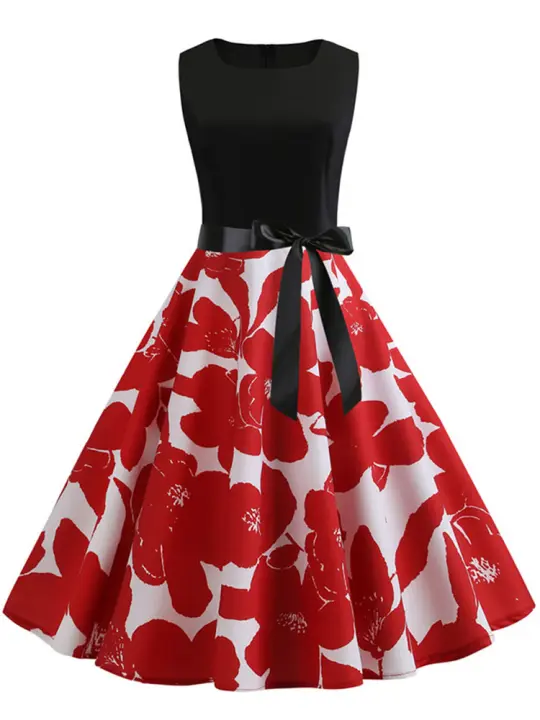 Patchwork polka dot summer women a line vintage 50s 60s dress with belt - 1
