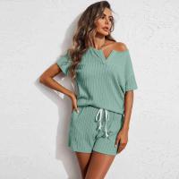 Pijama de punto jacquard para mujer, decoración del hogar, pantalones cortos de manga corta, conjunto de 2 piezas, primavera/verano - details 14