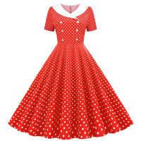 Polka dot print women a-line summer peter pan collar elegant vintage midi party dress - details 2