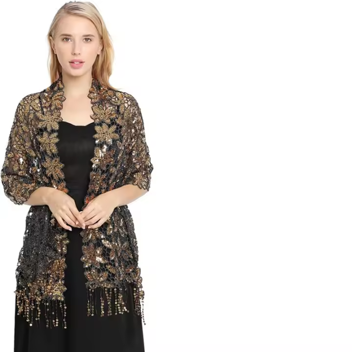 Mantón de mujer con lentejuelas, mantón elegante con patrón de flecos de encaje, camisa roja de honor vintage, vestido, fiesta - 1