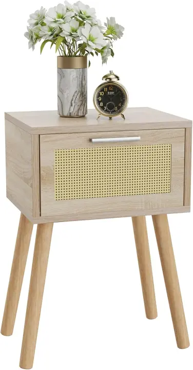 Mesita de Noche de Ratán, Juego de 2, Mesa Auxiliar de Noche, Mesita de Noche con Cajón magnético, Patas de Madera Maciza, 35x27x53 cm, para Dormitorio, Oficina, Salón, Natural HST010N-2 - 1