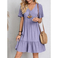 Vestido corto bohemio de verano para mujer, minivestido holgado de manga corta con cuello en V y volantes, informal - details 2