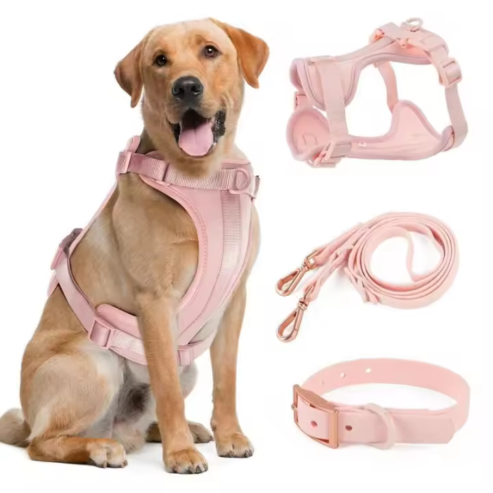 Arnés para perros de PVC doble cómodo rosa claro, correa para el pecho estable, juego de tres piezas, collares, arneses y correas - 1