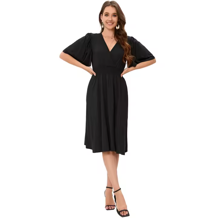 2025 Primavera/Verano Nuevo vestido de viajero negro con cuello en V para mujer - 1