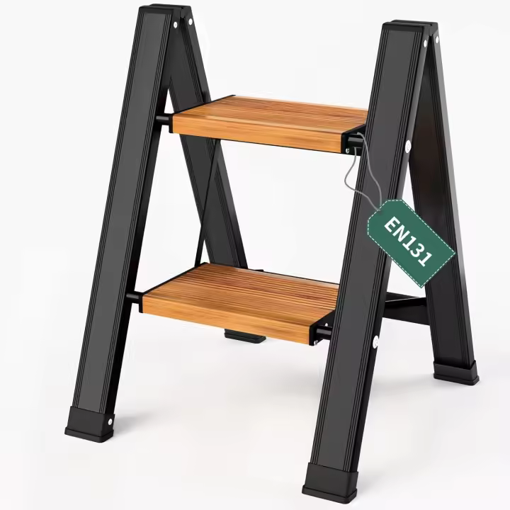 Escalera Plegable de Aluminio Portátil 2 Peldaños, Antideslizante, Hasta 150 kg, Diseño de Vetas de Madera para Cocina, Baño, Camping - 1