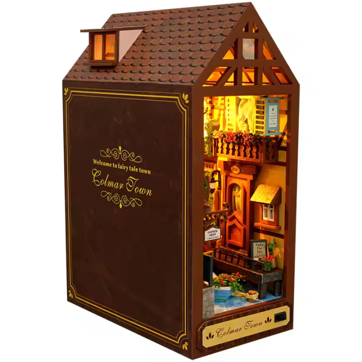 Estante de madera para libros, miniatura de casa de bosque con luciérnagas, casa de muñecas con animales, sujetalibros, juguete para adultos y niños, regalo. - 1