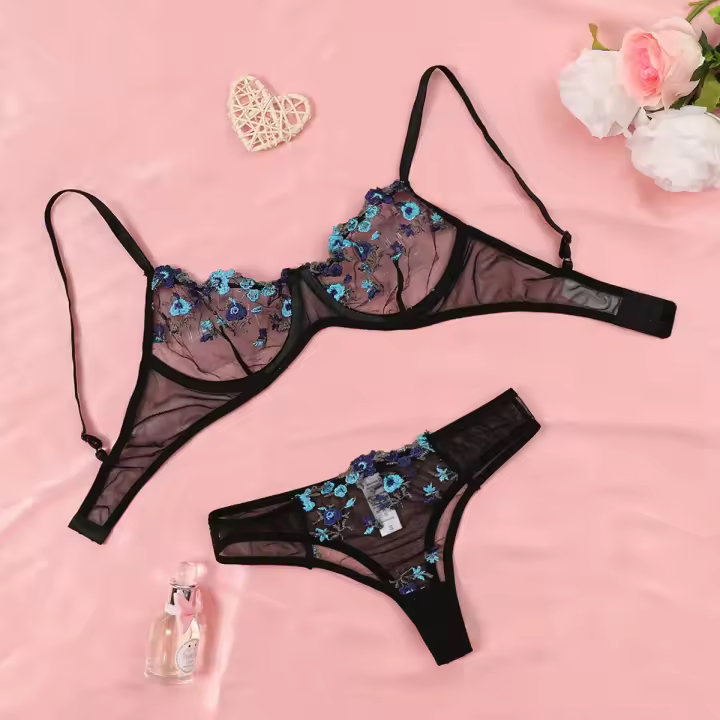 Conjunto de lencería Sexy exótica, sujetador de encaje transparente para mujer, tentación transparente, sujetadores florales bordados, conjuntos de ropa interior Push Up - 1