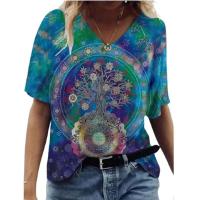Camisetas con cuello en V para mujer, Tops con estampado artístico 3d, camisetas holgadas de manga corta, ropa de calle de verano, ropa informal de gran tamaño para mujer - details 5